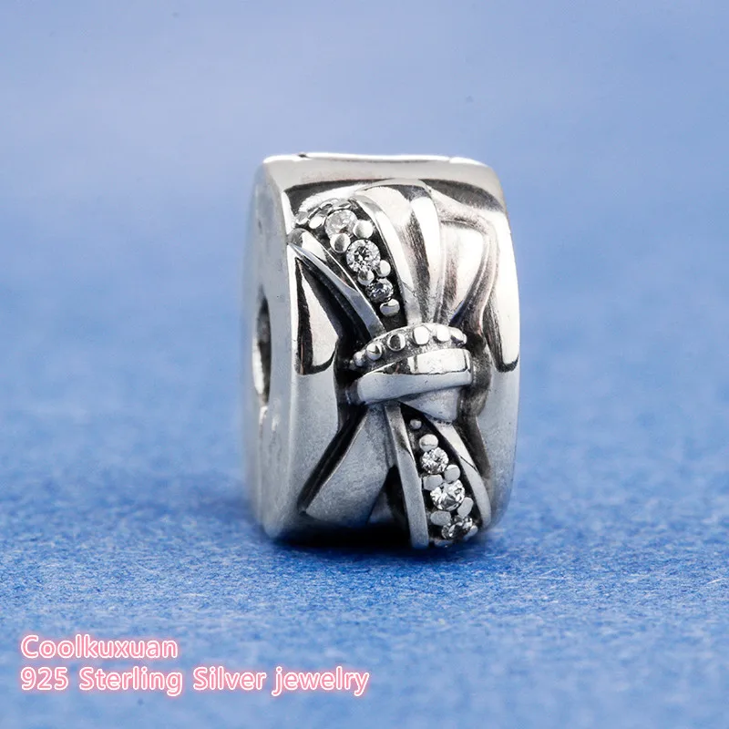 

Mother's Day 925 Sterling Silver Shiny Bow Clip, Clear CZ Charm Beads Fit Original Pandora Charms Bracelet DIY jewelry