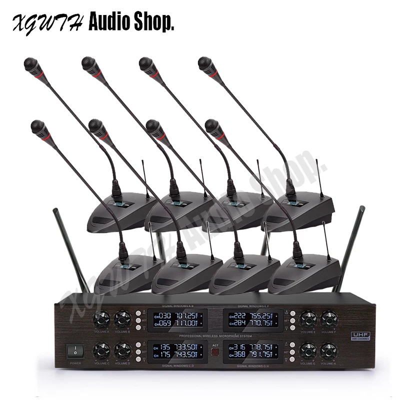 4 x 100 Channel Digital Wireless Microphone System with 8 Desktop Conference Gooseneck Meeting Microphone for DJ Meeting Room