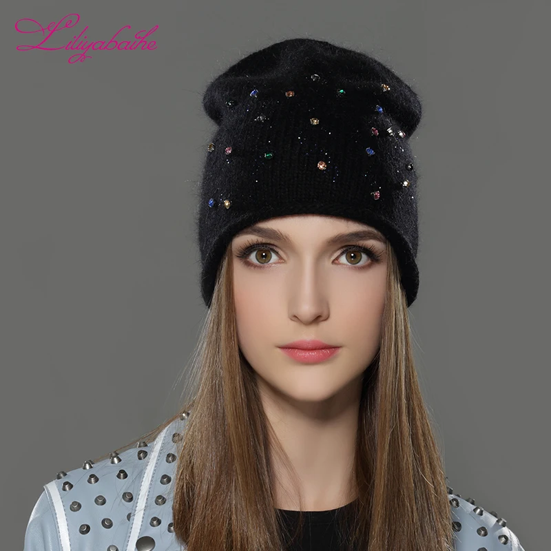 LILIYABAIHE Women Autumn And Winter Hat angora Knitted Skullies Beanies Cap Classic color diamond decoration hats for Girls