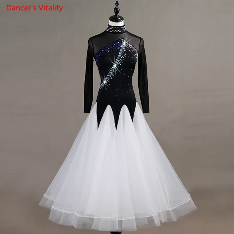 

Ballroom Dance Costumes Gauze Long Sleeved Diamond Big Swing Dress For Women Ballroom Waltz Tango Dance Performance Dresses