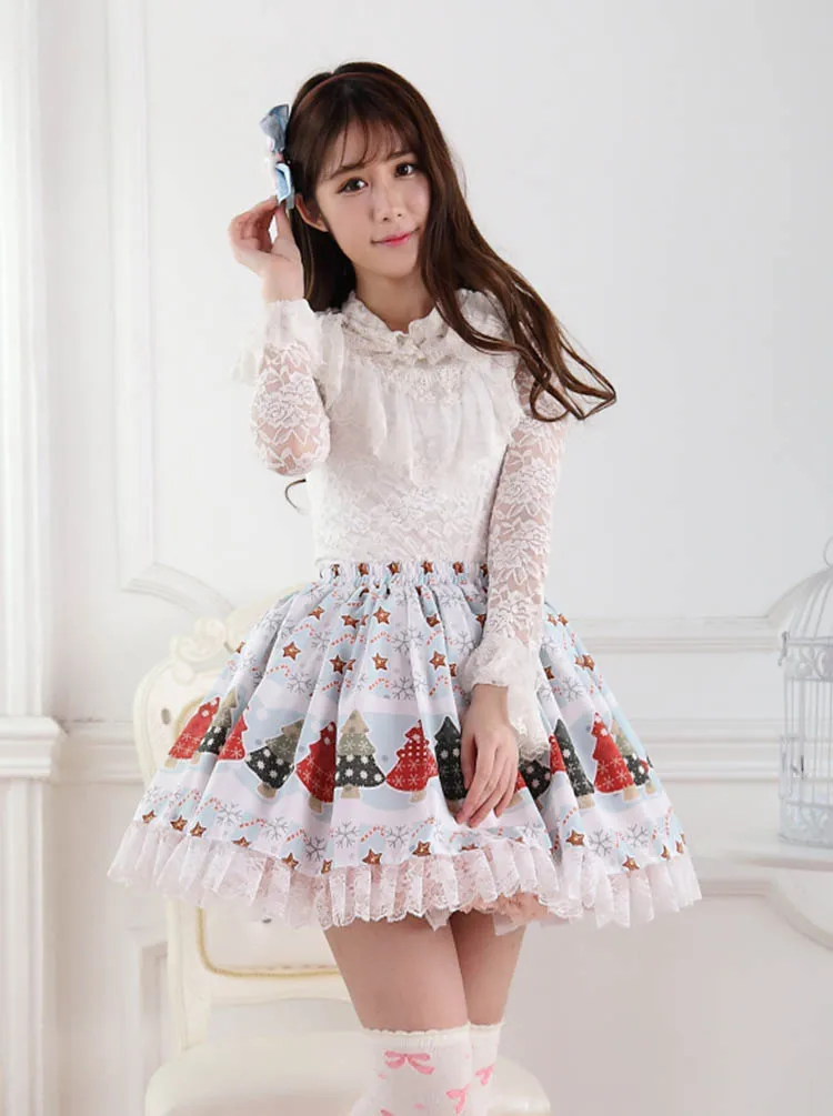 Christmas Women Skirts Winter Christmas Tree Print Super Cute Lolita Princess Skirt Girls New Year Party High Quality Bottoms