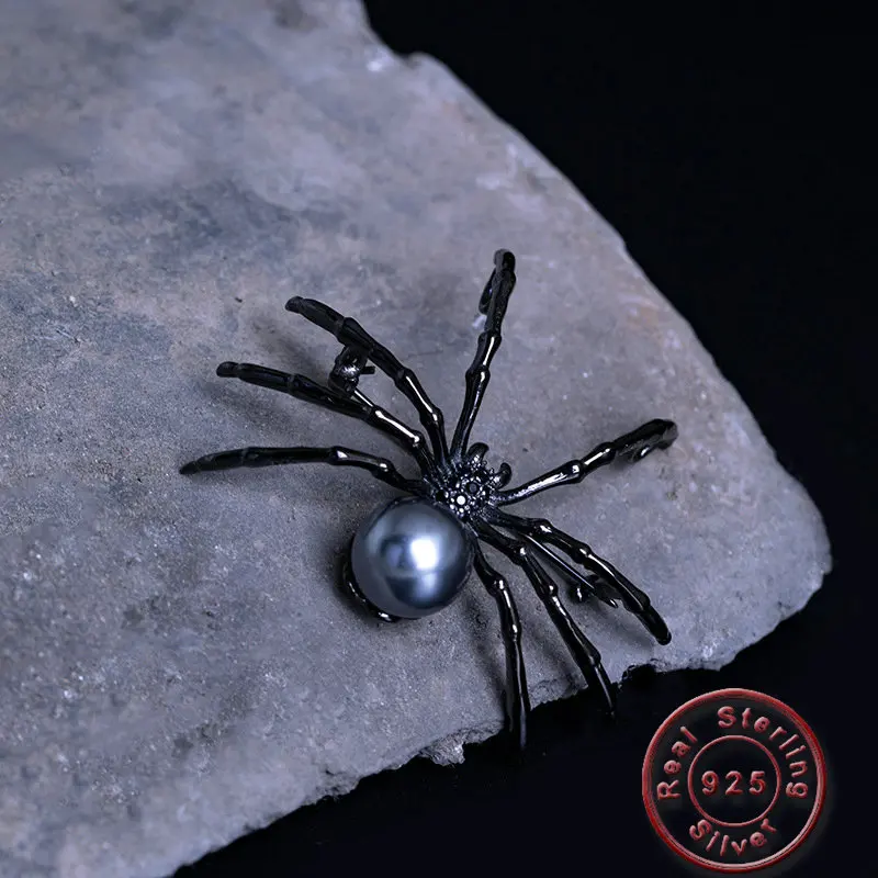 

Amxiu Freshwater Pearl Brooch Pendant Black Zircons 925 Sterling Silver Brooches Insect Spider Brooch Pins For Women Accessories