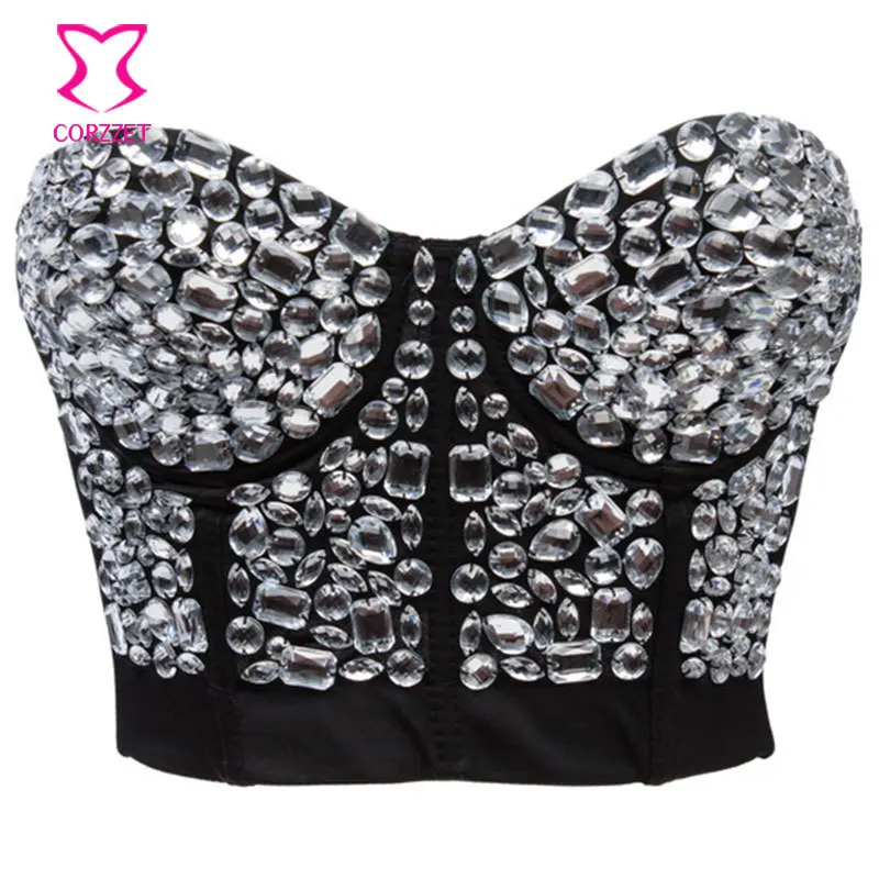 

Resin Gem Studded Bustier Push Up Bra Crop Top Underwear Women Bralette Burlesque Corsage Soutien Gorge Club Bras With 5 Hook