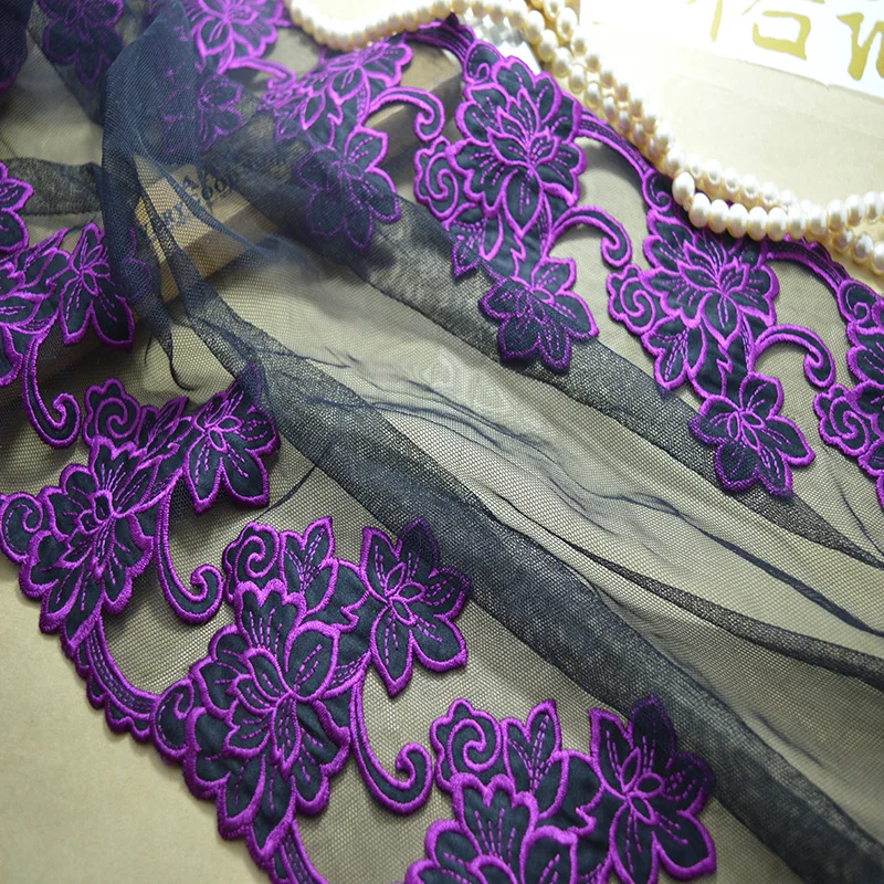 33CM Width (2Yards/lot)Embroide Black Mesh Dark Purple Mirror Flowers Underwear Lace Fabrics Embroidered Lace Trim Dress Skirt