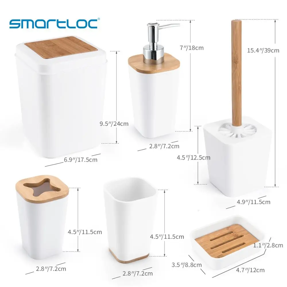 Set of 6 smartloc Plastic Bathroom Accessories Set Toothbrush Holder Toothpaste Dispenser Case Soap Box Toilet Shower Storage