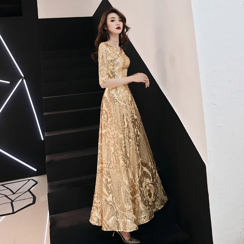 Customized Gold Wine Red Evening Dresses Long 2024 Elegant V-neck A-line Floor-Length Sequined Formal Evening Gown WY1082