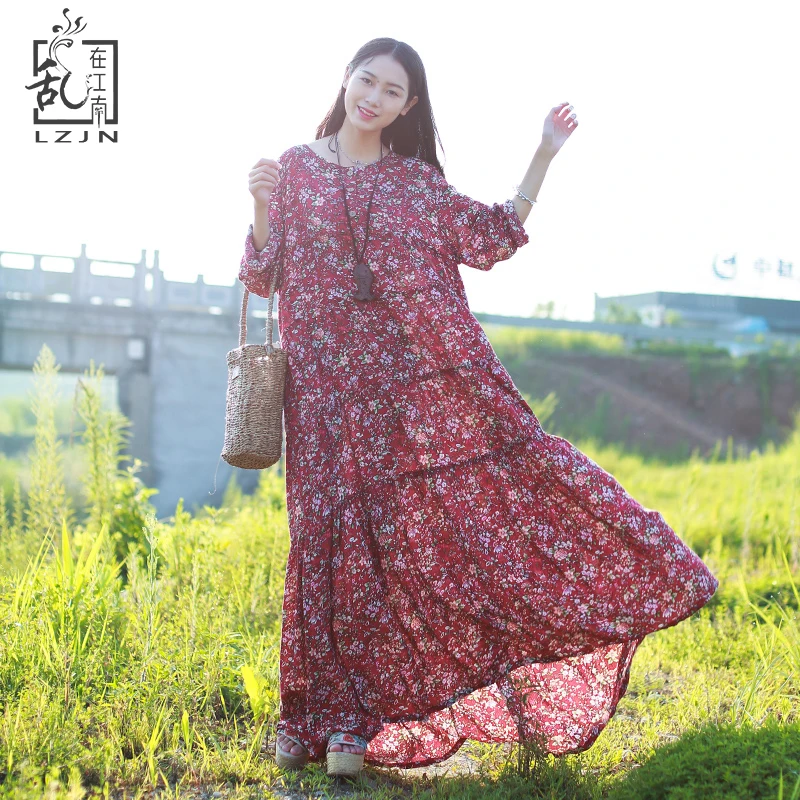 LZJN – Robe de plage à manches longues, style Boho, imprimé Floral, Maxi, en coton, lin, ethnique