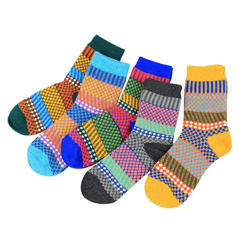 Chaussettes thermiques en laine pour femmes, 5 paires, Style ethnique rétro, spécial, Tube haut, épais, chaud, doux, en laine de lapin, noël