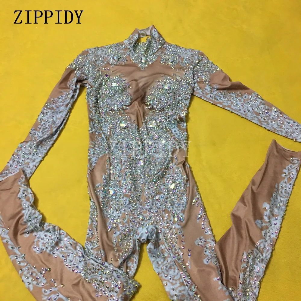 AB Rhinestones Sparkly Jumpsuit Fashion Sexy Nude Big Stretch Dance Costume One-piece Bodysuit Birthday Outfit Party Leggings