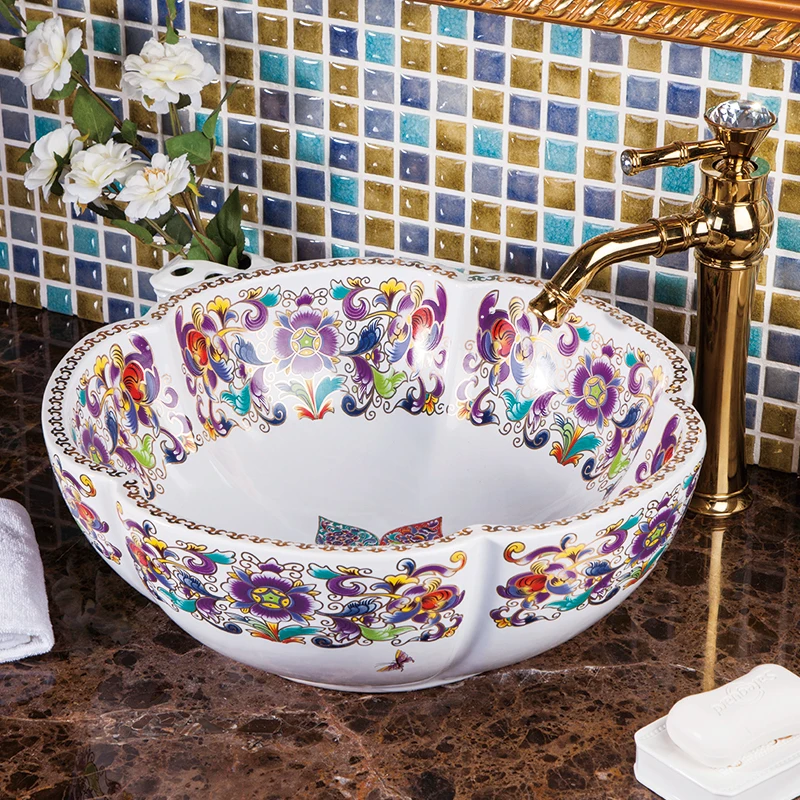 

China Artistic Handmade porcelain Round bathroom counter top ceramic Bathroom basin sink chinese wash basin