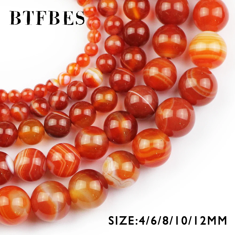 BTFBES Red Stripe Banded Carnelian Beads Natural Stone Ball 4 6 8 10 12MM Onyx Round Loose Beads For Jewelry Bracelet Making DIY