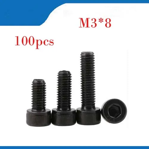 

100pcs/Lot Metric Thread DIN912 M3x8 mm M3*8 mm Black Grade 12.9 Alloy Steel Hex Socket Head Cap Screw Bolts