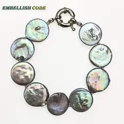2018 baroque pearl bracelet Bangles gray colorful color flat round coin shape big size real freshwater pearls special for women