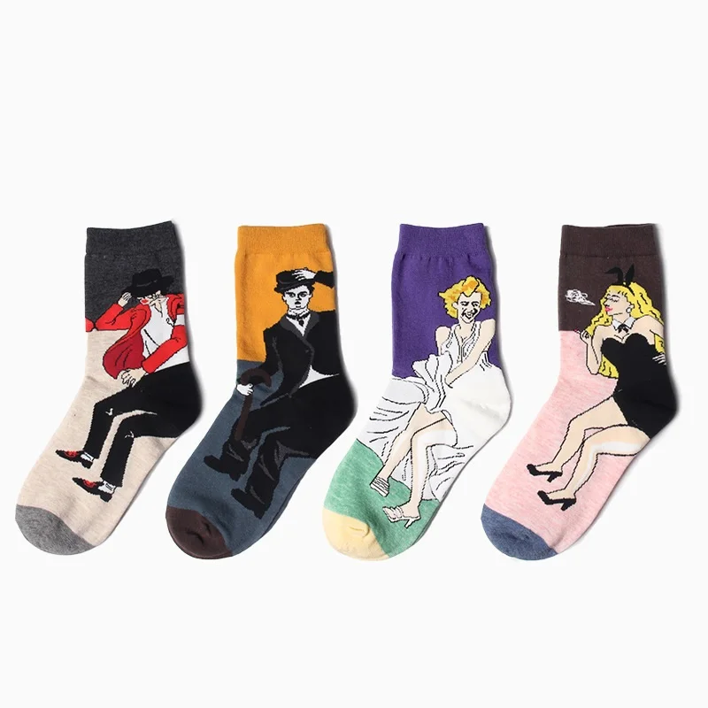 

M1554 Unisex cotton socks abstract oil paintings restoring ancient socks Jackson Monroe Chaplin bunny couples art socks 4prs/Lot