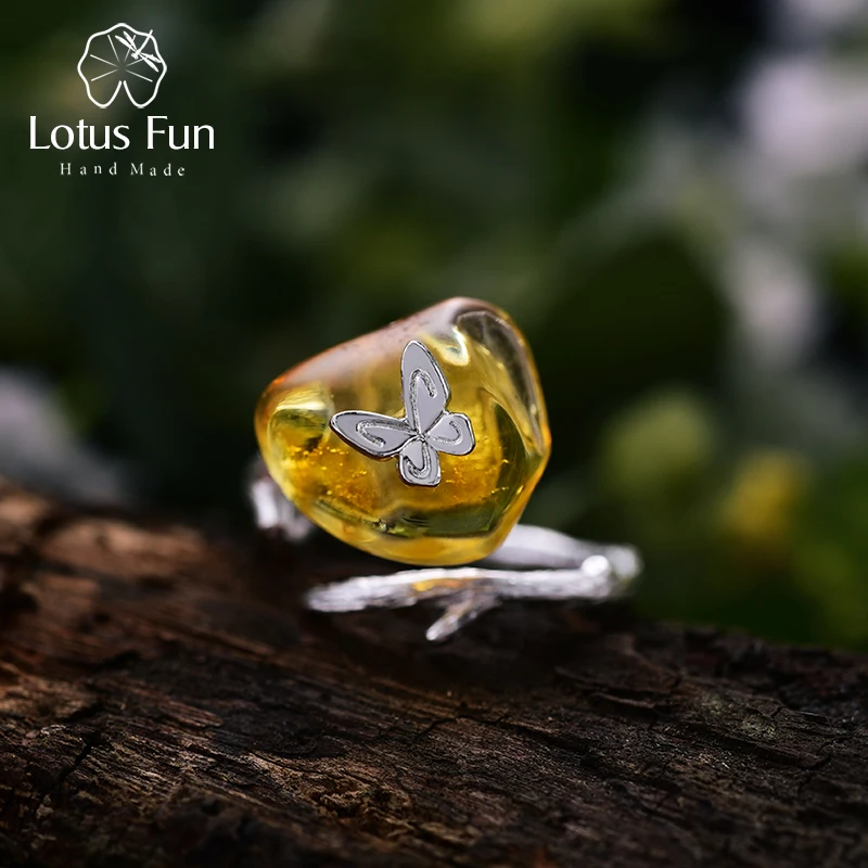 

Lotus Fun Real 925 Sterling Silver Natural Amber Handmade Designer Fine Jewelry Looking Back Butterfly Rings for Women Bijoux