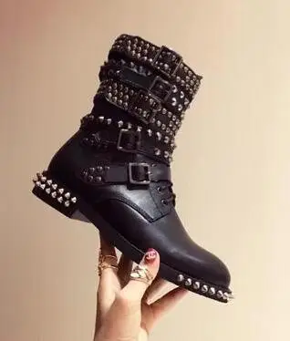 Fall Studded Rangers Low Combat Black Boots Leather multi wrap around spike and stud embellished buckle boots