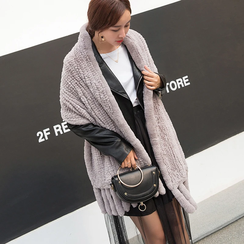 2024 New Winter Knitted Real Rex Rabbit Fur Shawl Women Real Fur Scarf Ladies Knit Genuine Fur Scarves Female Russia Scarfs