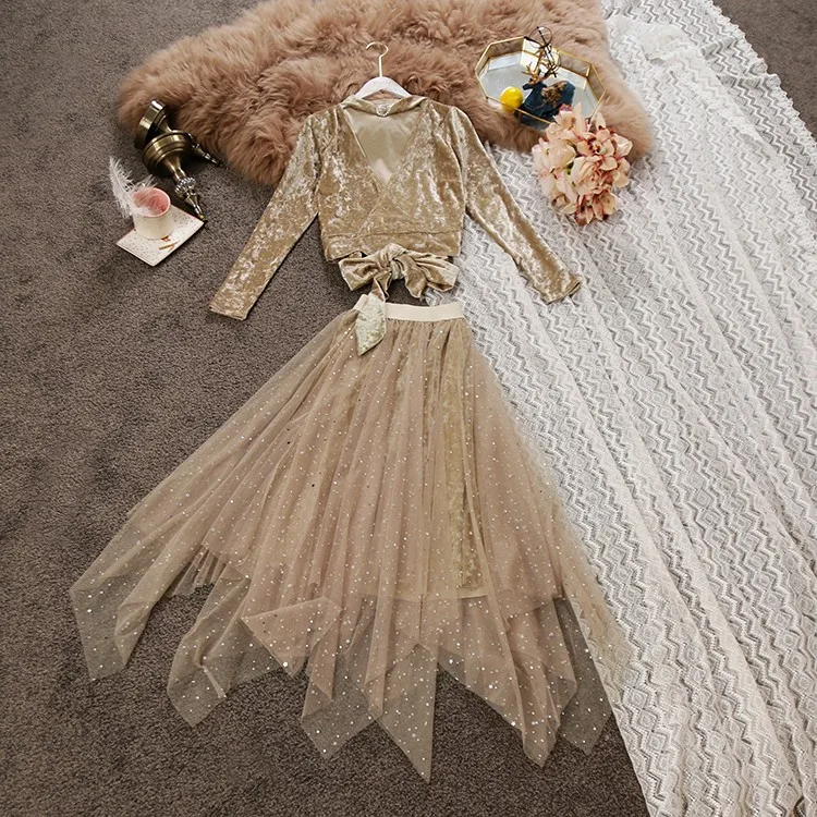 

2020 autumn New women chic deep V Collar velvet shirt + High Waist sequined star Irregular mesh Skirt suit female two piece sets