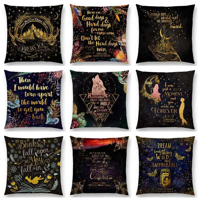 Newest Beautiful Language Black Golden Letters Cushion Cover Story Text  Sofa Throw Pillowcase