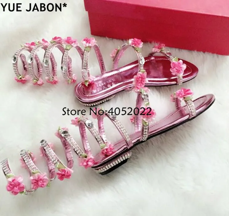 YUE JABON Summer Luxurious gladiator sandals women Flat Snake Punk Rhinestone Flower Flat Heel Women Sandals Wedding Party shoes
