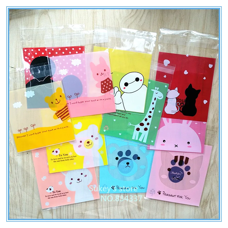 

100pcs/lot 2 size Mixed style Cute cartoon animals plastic bags cookie packaging bag 7x7cm 10x10cm self adhesive bags