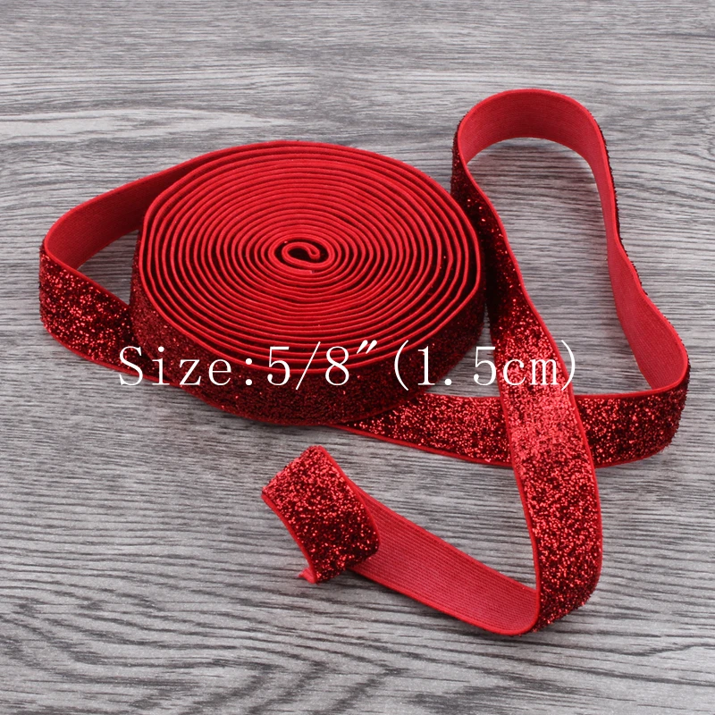 5yards 5/8\'\' 1.5CM Wide Glitter Elatic Fold Over Elastic For Headbands Apparel Wedding Party Ribbon Stretch FOE Sewing Cloth