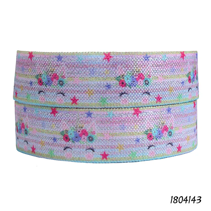 (50 yards/lot) Wholesale colorful flower and smile unicorn face printed fold over elastic foe