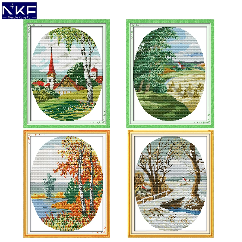 NKF Country Scenes Four Seasons Pattern Handmade Craft Cross Stitch Set Embroidery Kit Printed Stitching Cross Stitch Home Decor