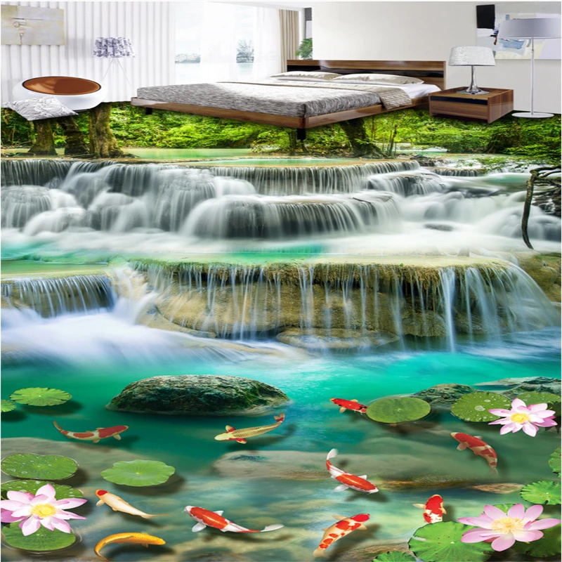 

Beibehang 3d wallpaper Waterfalls waterfalls lotus carp 3D stereoscopic flooring floor tiles living room bathroom 3d flooring