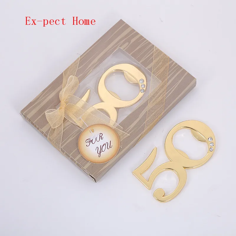 

100pcs/lot 50 Anniversary Gold Beer Bottle Opener Metal Openers For Wedding Souvenirs for guests Birthday Party Gifts Favors