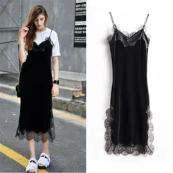 ベルベットロングドレス2019,春夏,セクシー,スパゲッティストラップ,レース,vネック,スリット,ボトム,ab1331
