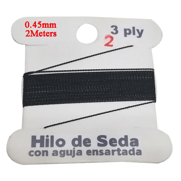 2M de largo, 0,45mm de diámetro, cordón negro 100% de seda Natural con aguja