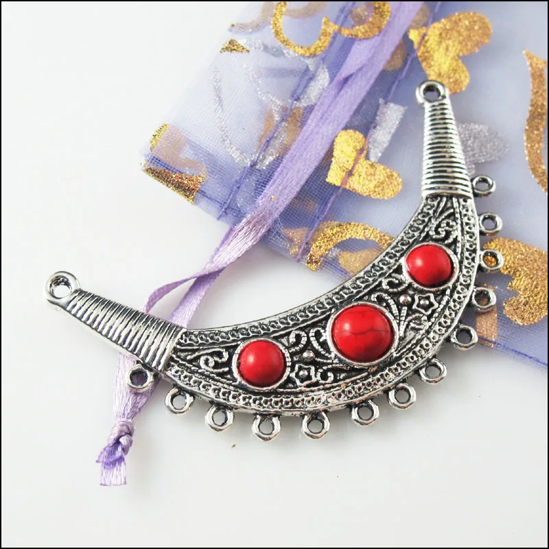 2Pc Retro Tibetan Silver Red Moon Charms Pendants Connectors 40x67.5mm