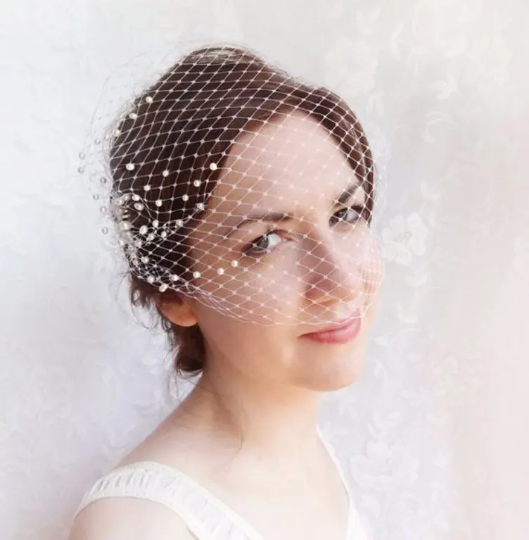 Birdcage pequeno véu com pérolas, casamento Bandeau Veil, Fedoras