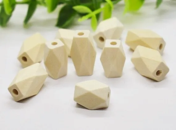 25pcs 10mmx20mm Unfinished Faceted Natural Wood Spacer Beads,14 Hedron Geometricf Figure Wooden Beads Charm Finding,DIY