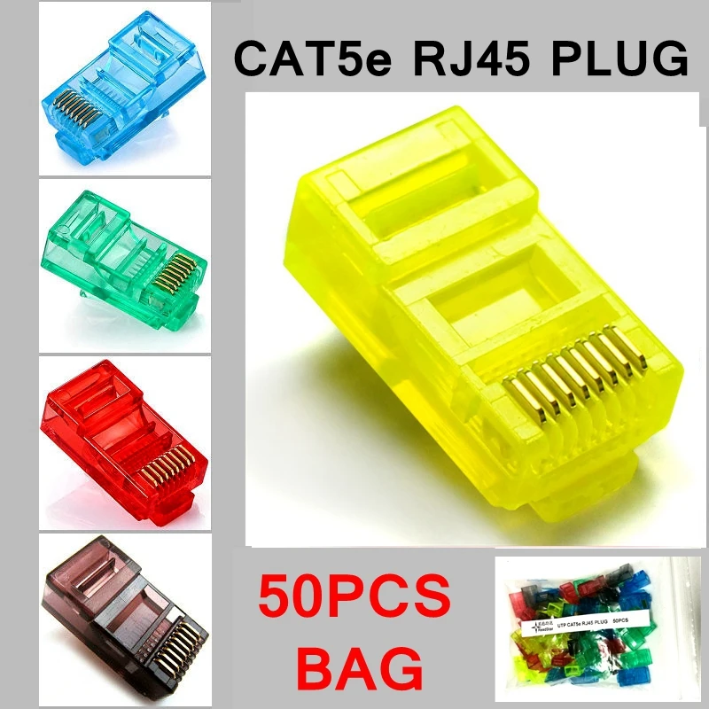 50PCS/LOT ReadStar High quality gold plating color CAT5e UTP RJ45 plug unshielded RJ45 connector 5 colors x10 pieces each color