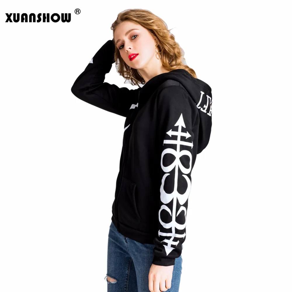 Damen Gothic Punk Hoodie Sweatshirt mit Mond-Buchstaben-Print, Langarm-Reißverschlussjacke, Herbst-Winter-Mode Streetwear – Detail 6