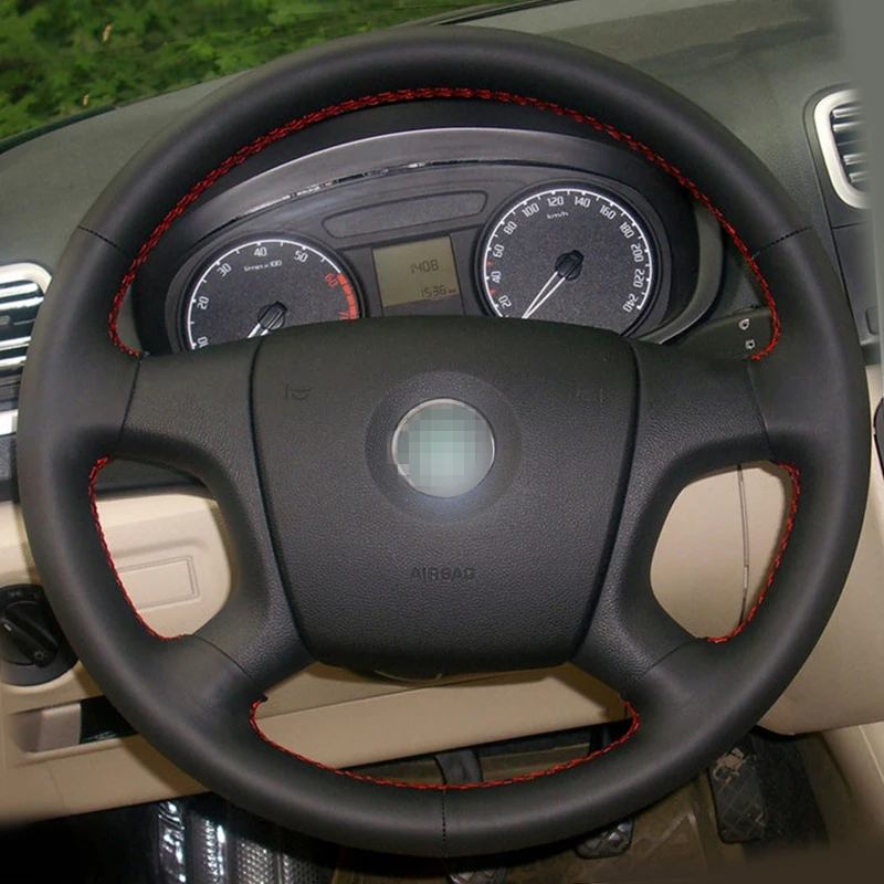 Shining wheat Hand-stitched Black Leather Steering Wheel Cover for Old Skoda Octavia Skoda Fabia