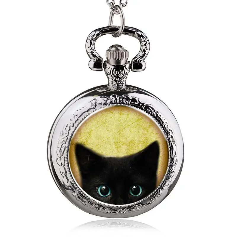 Silver Colorful Cute Cat chain pocket watch necklace wholesale buyer low price antibrittle lady girl women