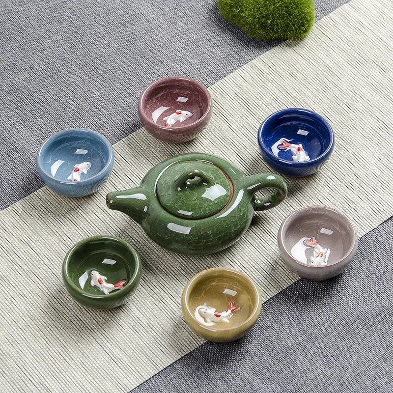 Crack glaze 3D fish Kung Fu Tea Set,Ceramic Tea Sets,TeaCup,ChineseTravel Teapot, Drinkware Coffee&Tea Sets , Binglie Teacups