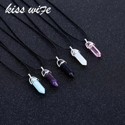 KISSWIFE Hexagonal Column Natural Crystal Tiger Eye Pendentif Amethyste Stone Pendant Leather Chains Necklace For Women Jewelry