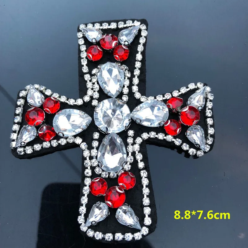 3D Craft Beaded Crystal Rhinestones Cross Design Patches Applique Sew on Patches Clothes Bags Decorated DIY Sewing