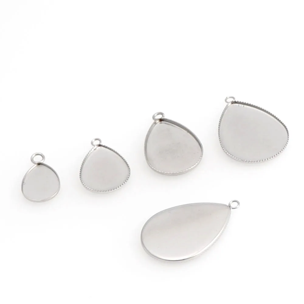 10Pcs 4size Drop Shape Stainless Steel Necklace Pendant Setting Cabochon Cameo Base Tray Bezel Blank Jewelry Making Findings