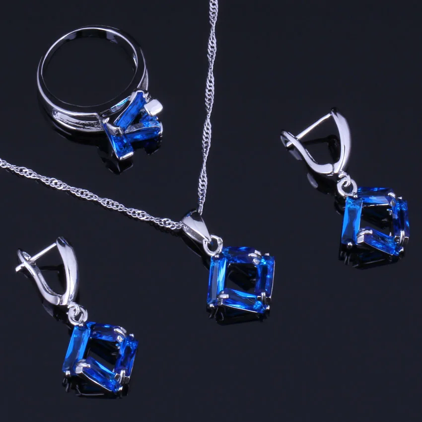 

Charismatic Quadrilateral Blue Cubic Zirconia Silver Plated Jewelry Sets Earrings Pendant Chain Ring V0973