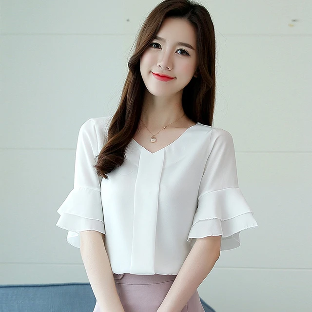 2018 Womens Blouses Summer Flare Sleeve Chiffon Blouse Shirt Women Tops Ladies Work Wear Office Blusa Feminina Shirts Ns3929 Blouses Shirts AliExpress