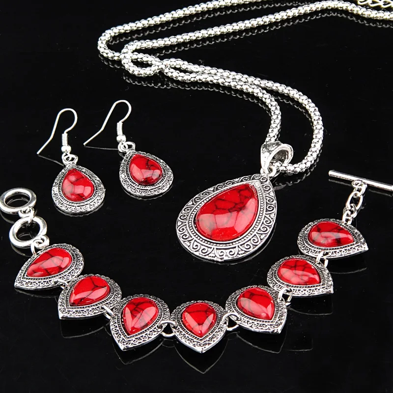 Retro Jewelry Sets Vintage Antique Tibetan Silver Oval Red Natural Stone Earrings Bracelet Necklace Women Jewelry Set A696