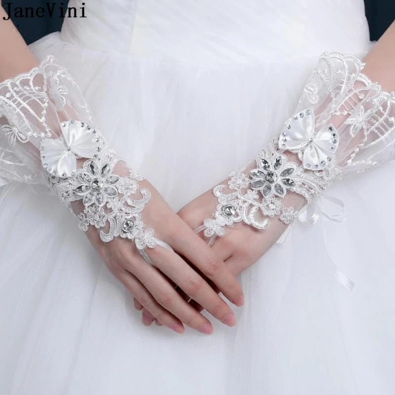 JaneVini-Guantes de boda Blancos para mujer, manoplas de encaje sin dedos con cuentas, accesorios de boda, Guantes Blancos 2019