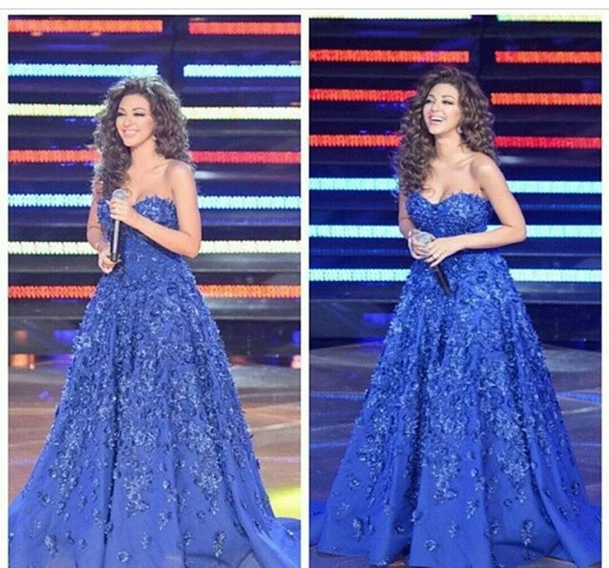 Najnowsze Vestidos bez ramiączek Sweetheart aplikacja satynowa suknia balowa Off the Shoulder Royal Blue Celebrity sukienki