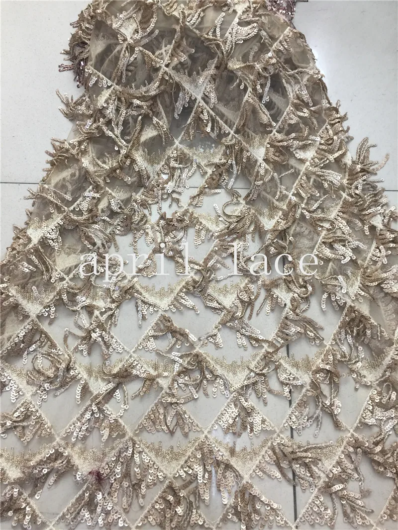 

5yards N002 good quality nice dobby gold 3d fringe sequin embroidery net mesh lace fabric for evening dress/wedding