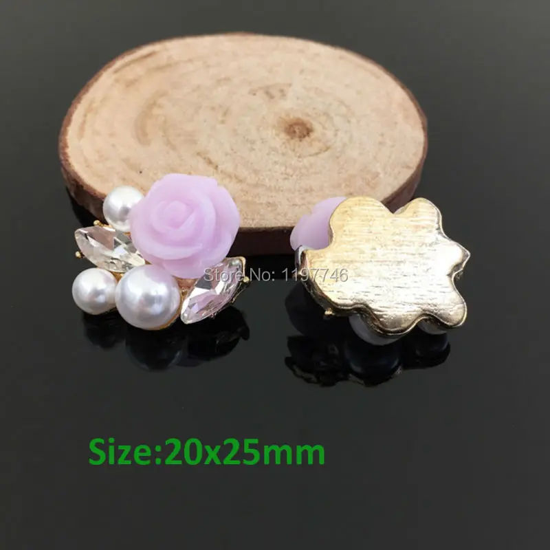 New 20x25mm 10 Pieces Flatback Rhinestone Rose Flower Button With Pearl For Hair Flower Wedding Embellishment